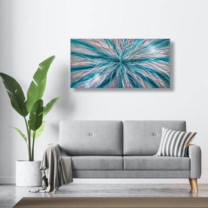 Teal and Silver Abstract Metal Wall Art Titled Radiation - Modern Elements Metal Art - ME72820617