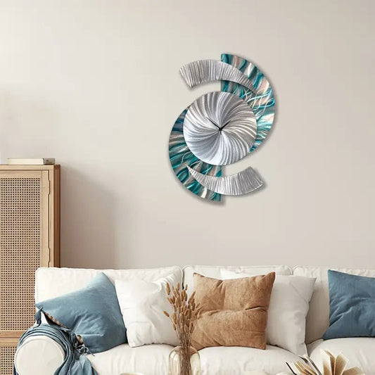 Teal Large Wall Clock Titled "Elliptical" - Modern Elements Metal Art - 