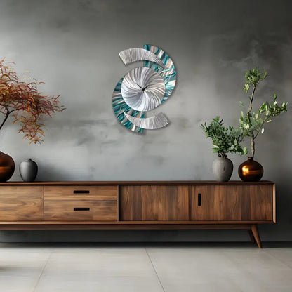 Teal Large Wall Clock Titled "Elliptical" - Modern Elements Metal Art - 