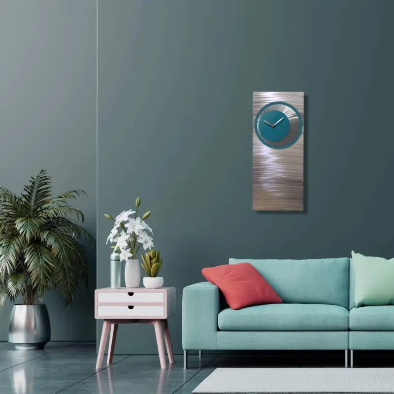 Teal Large Wall Clock Titled Synergy - Modern Elements Metal Art