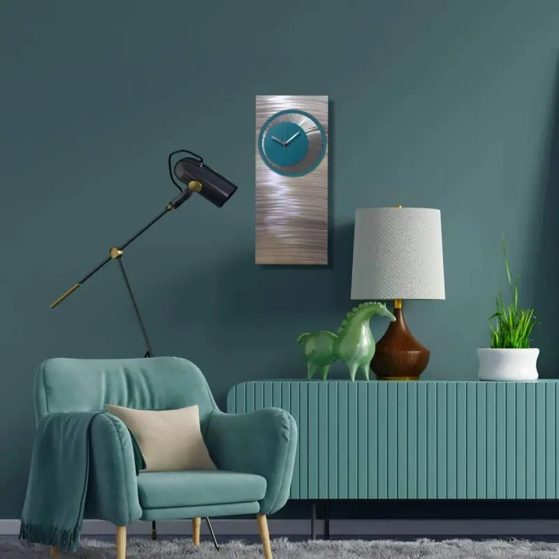 Teal Large Wall Clock Titled Synergy - Modern Elements Metal Art