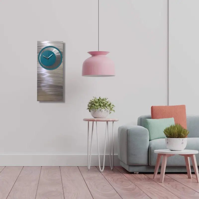 Teal Large Wall Clock Titled Synergy - Modern Elements Metal Art