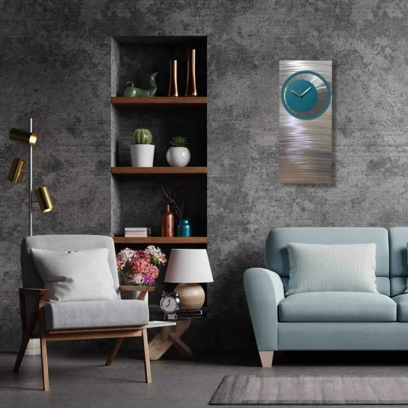 Teal Large Wall Clock Titled Synergy - Modern Elements Metal Art