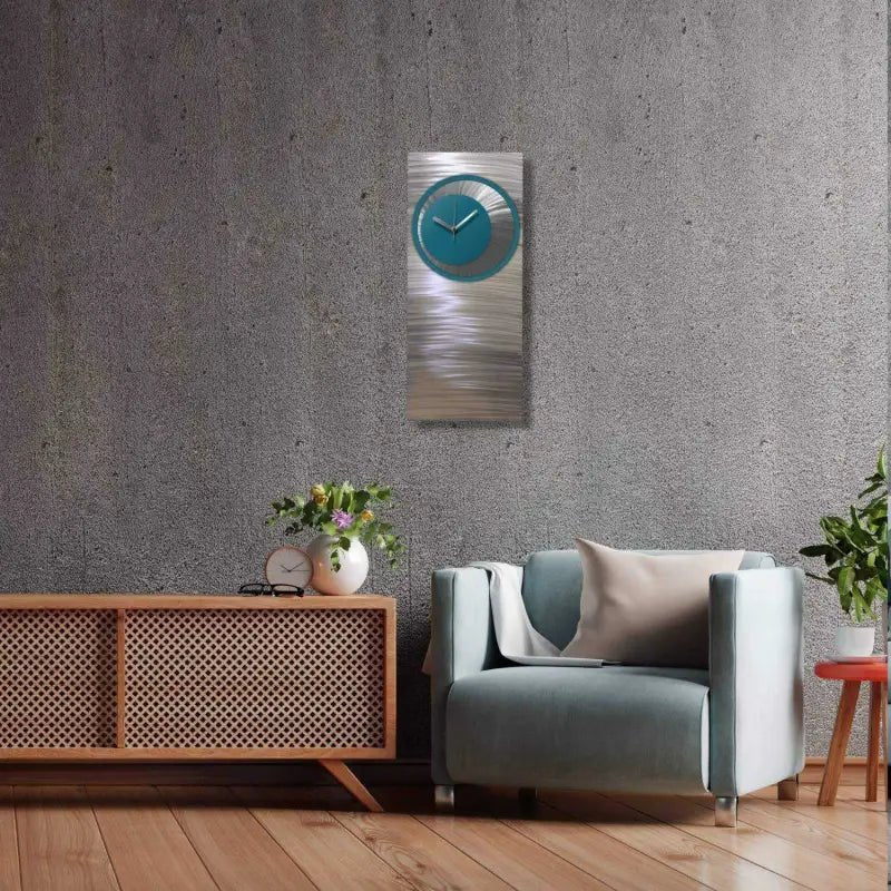 Teal Large Wall Clock Titled Synergy - Modern Elements Metal Art