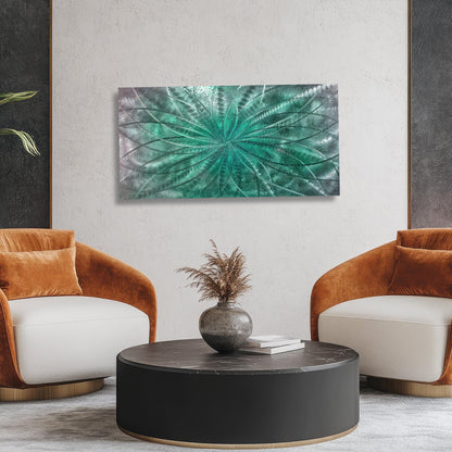 Teal Metal Wall Art Infused Cushed Glass - Titled "Atomique" Limited Edition - Modern Elements Metal Art - ME965HK