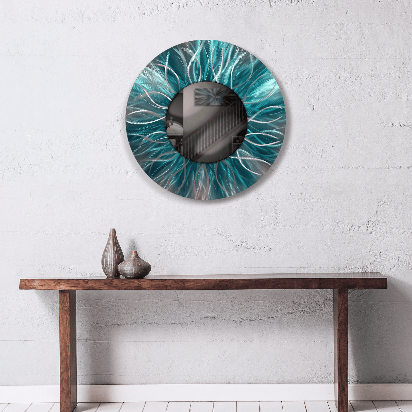 Teal Metal Wall Mirror Titled Radiation - Modern Elements Metal Art - MJ852928 - 1