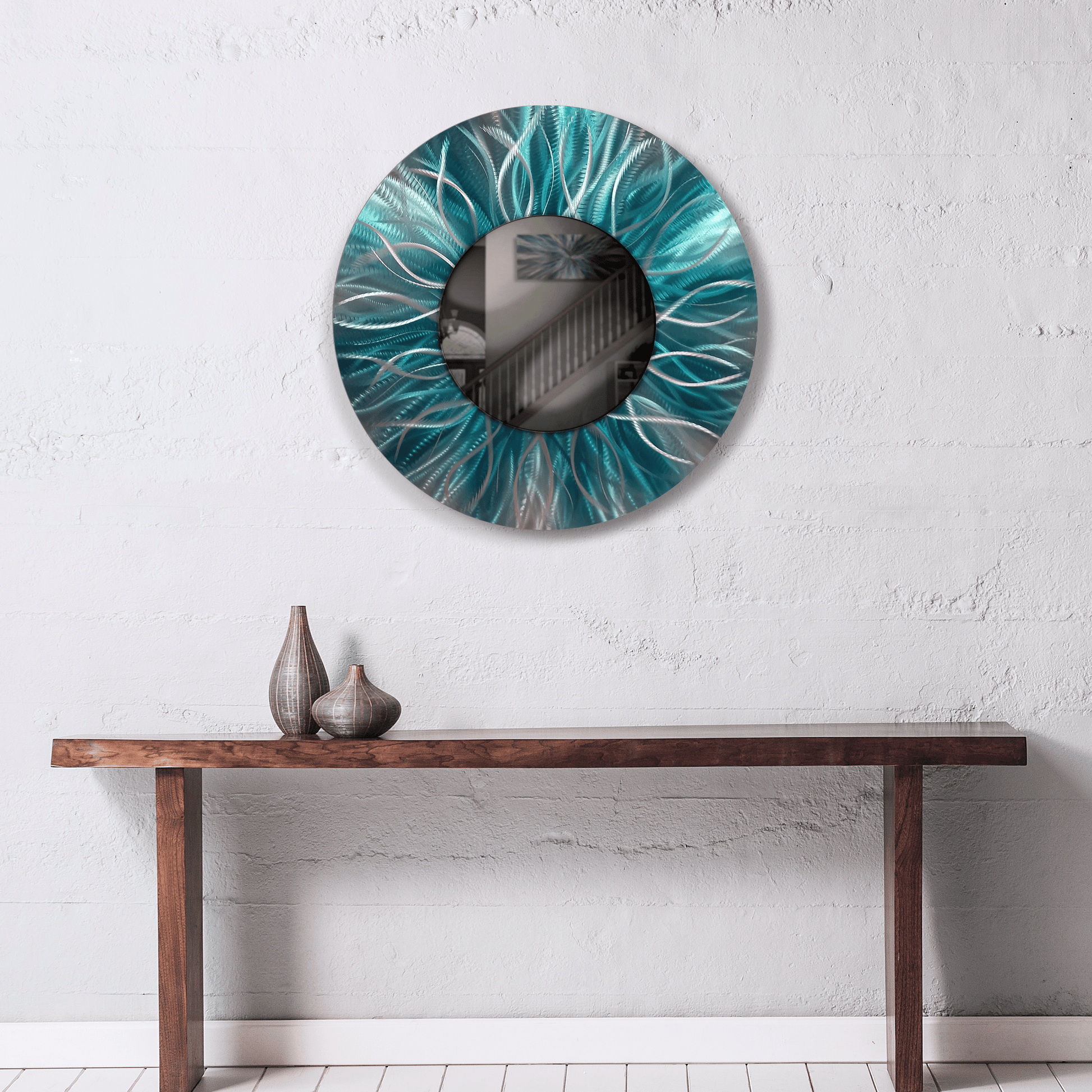 Teal Metal Wall Mirror Titled Radiation - Modern Elements Metal Art - MJ852928 - 1