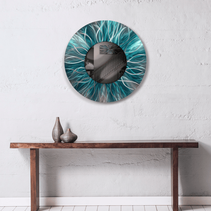 Teal Metal Wall Mirror Titled Radiation - Modern Elements Metal Art - MJ852928 - 1