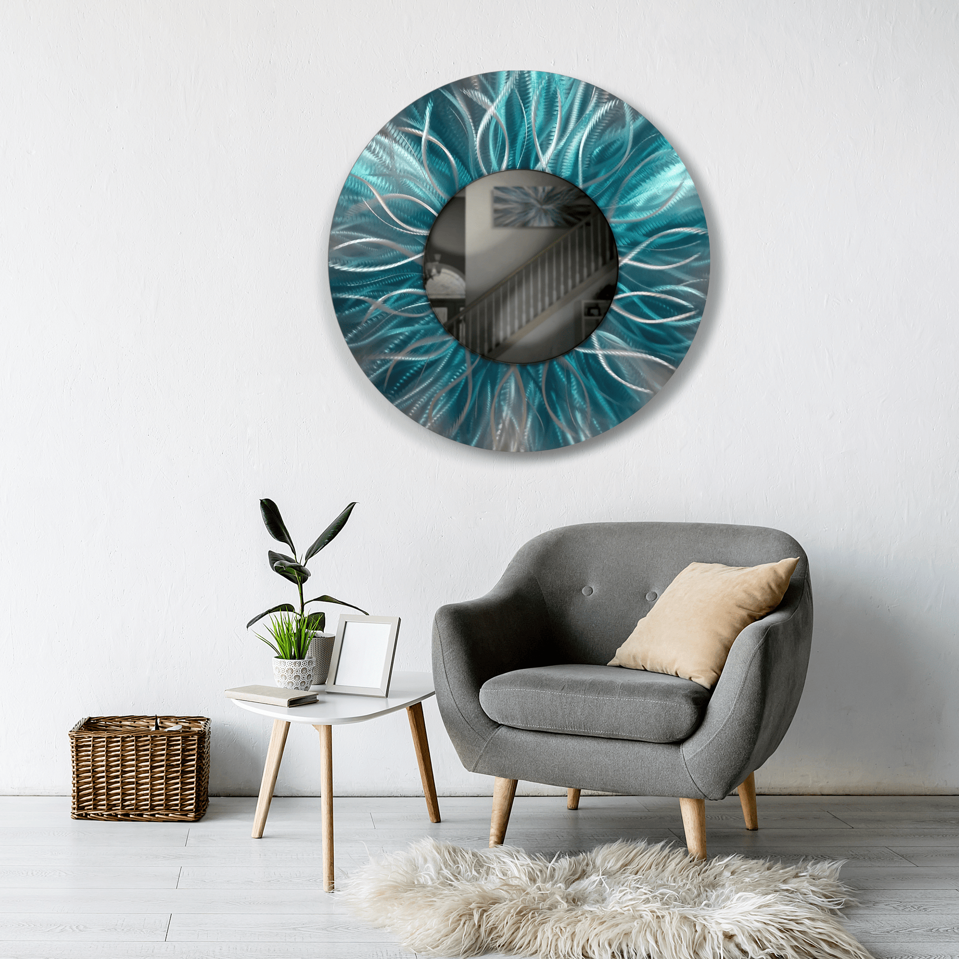 Teal Metal Wall Mirror Titled Radiation - Modern Elements Metal Art - MJ852928 - 1