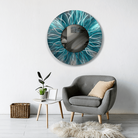 Teal Metal Wall Mirror Titled Radiation - Modern Elements Metal Art - MJ852928 - 1