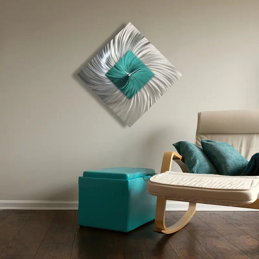 Teal Wall Clock Titled ''Tealo'' - Modern Elements Metal Art - INV2828272