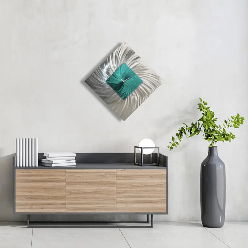 Teal Wall Clock Titled ''Tealo'' - Modern Elements Metal Art - INV2828272