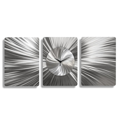 Unique 3 - Piece Silver Metal Wall Art – Large Abstract Clock & Modern Home Decor Sculpture - Modern Elements Metal Art - ME66282
