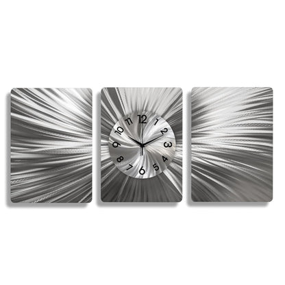 Unique 3 - Piece Silver Metal Wall Art – Large Abstract Clock & Modern Home Decor Sculpture - Modern Elements Metal Art - ME66282