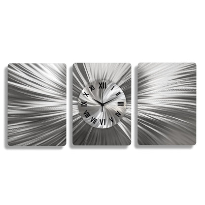 Unique 3 - Piece Silver Metal Wall Art – Large Abstract Clock & Modern Home Decor Sculpture - Modern Elements Metal Art - ME66282