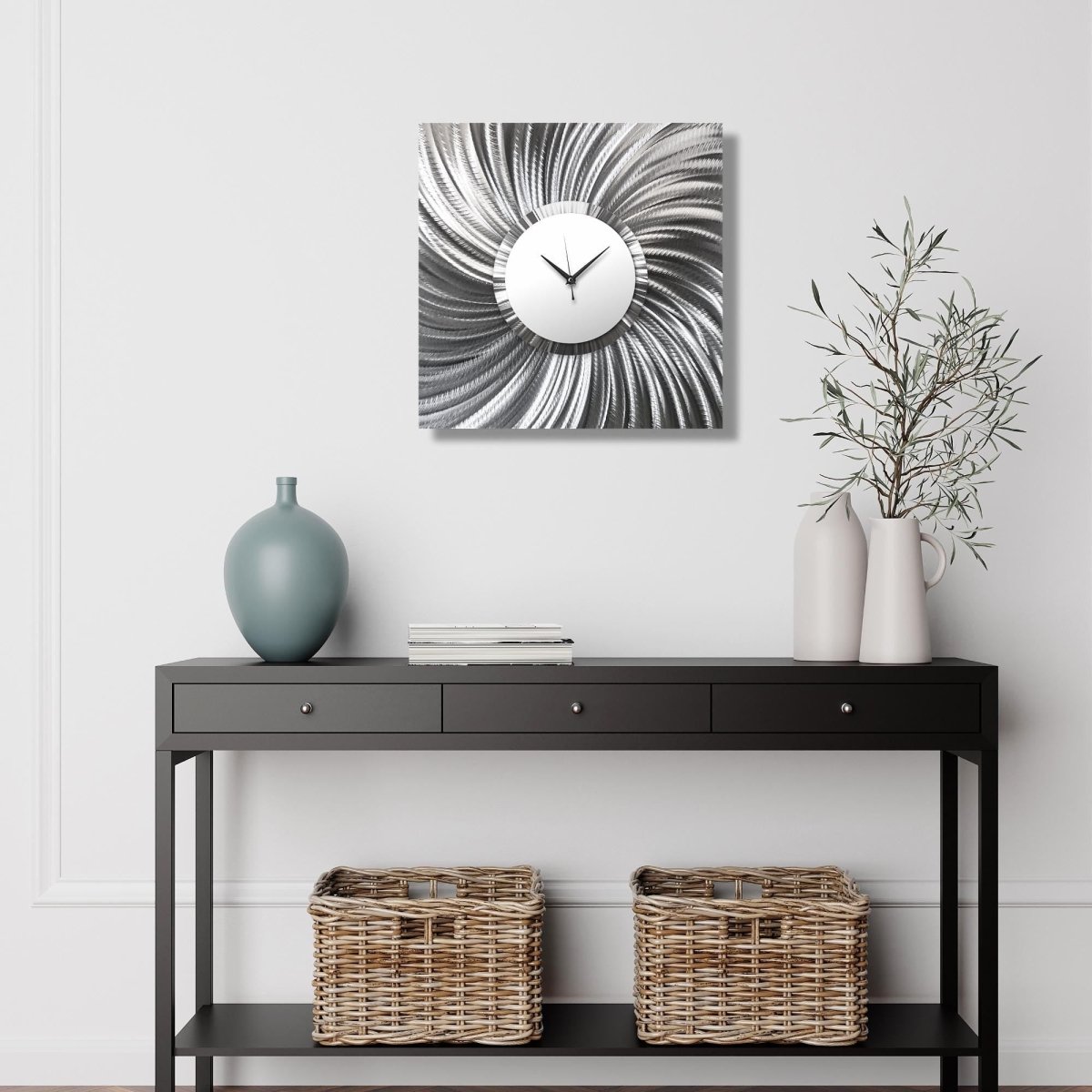 Unique Silver & White Metal Wall Clock – Modern Abstract Art – Wall Sculpture - Modern Elements Metal Art - MEH626272