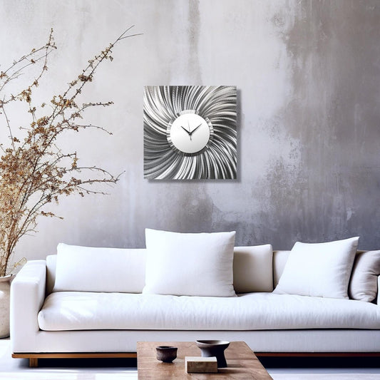 Unique Silver & White Metal Wall Clock – Modern Abstract Art – Wall Sculpture - Modern Elements Metal Art - MEH626272