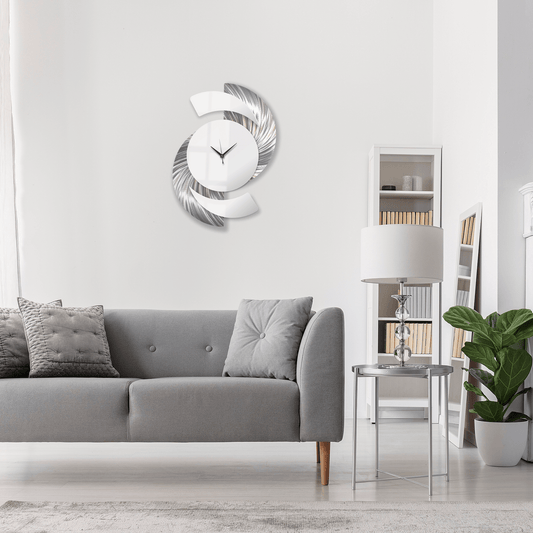 White & Silver Wall Clock Titled "Elliptical" - Modern Elements Metal Art - INV3999SL